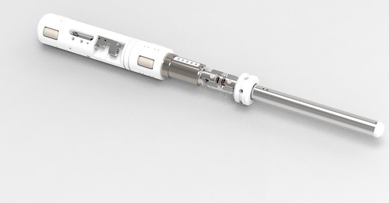 Long precision engineered subassembly shown on a neutral background